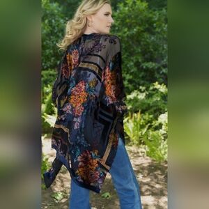 MJ Sereca Floral Velvet Burnout Black Multicolor Kimono Long Open Front